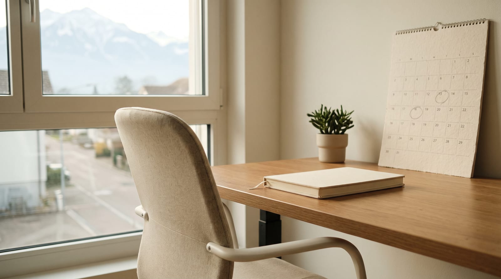 Leerer Bürostuhl an einem aufgeräumten Schreibtisch am Fenster