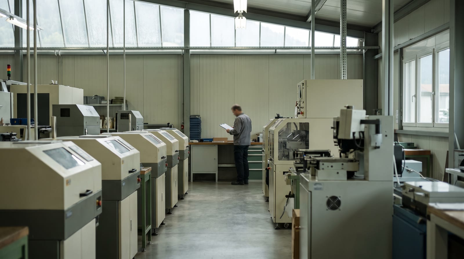 Ruhige Produktionshalle eines KMU mit stillstehenden Maschinen