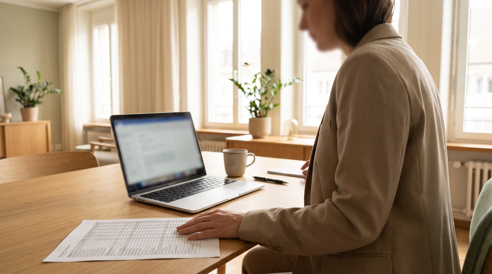 Salary planning on paper next to a laptop on a bright desk