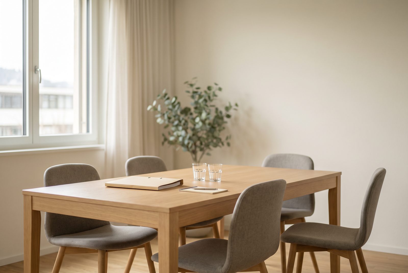Besprechungstisch mit Unterlagen in einem hellen Sitzungszimmer