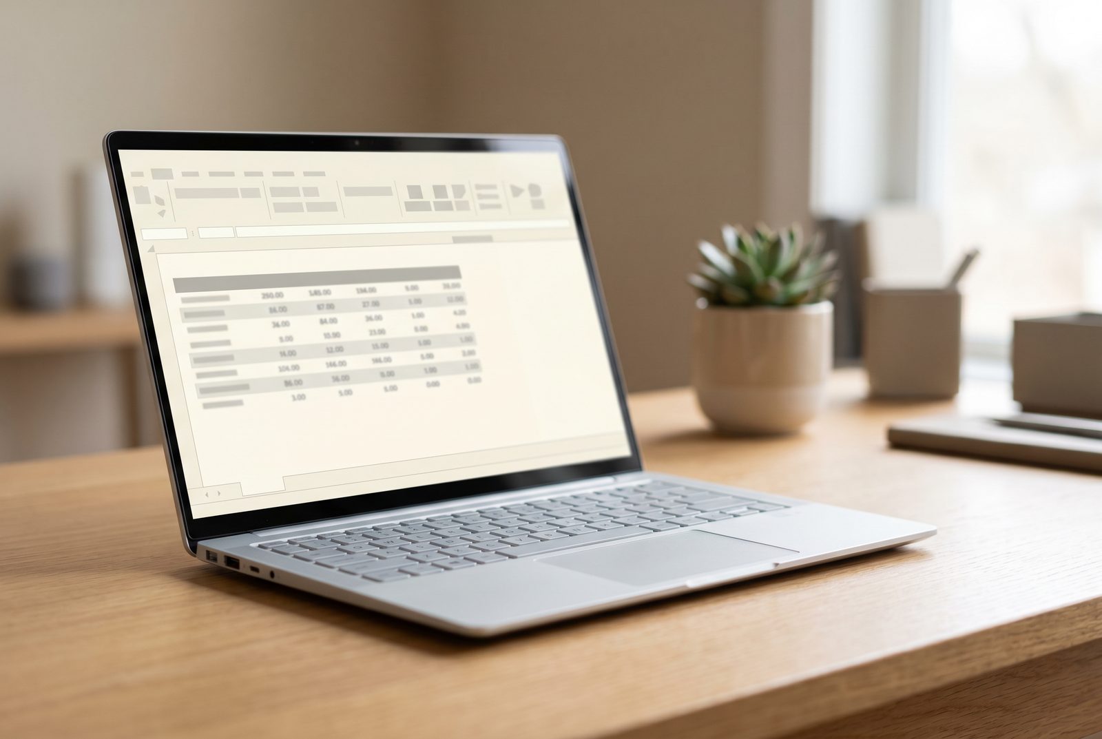 Laptop mit Tabellenansicht auf einem hellen Holztisch