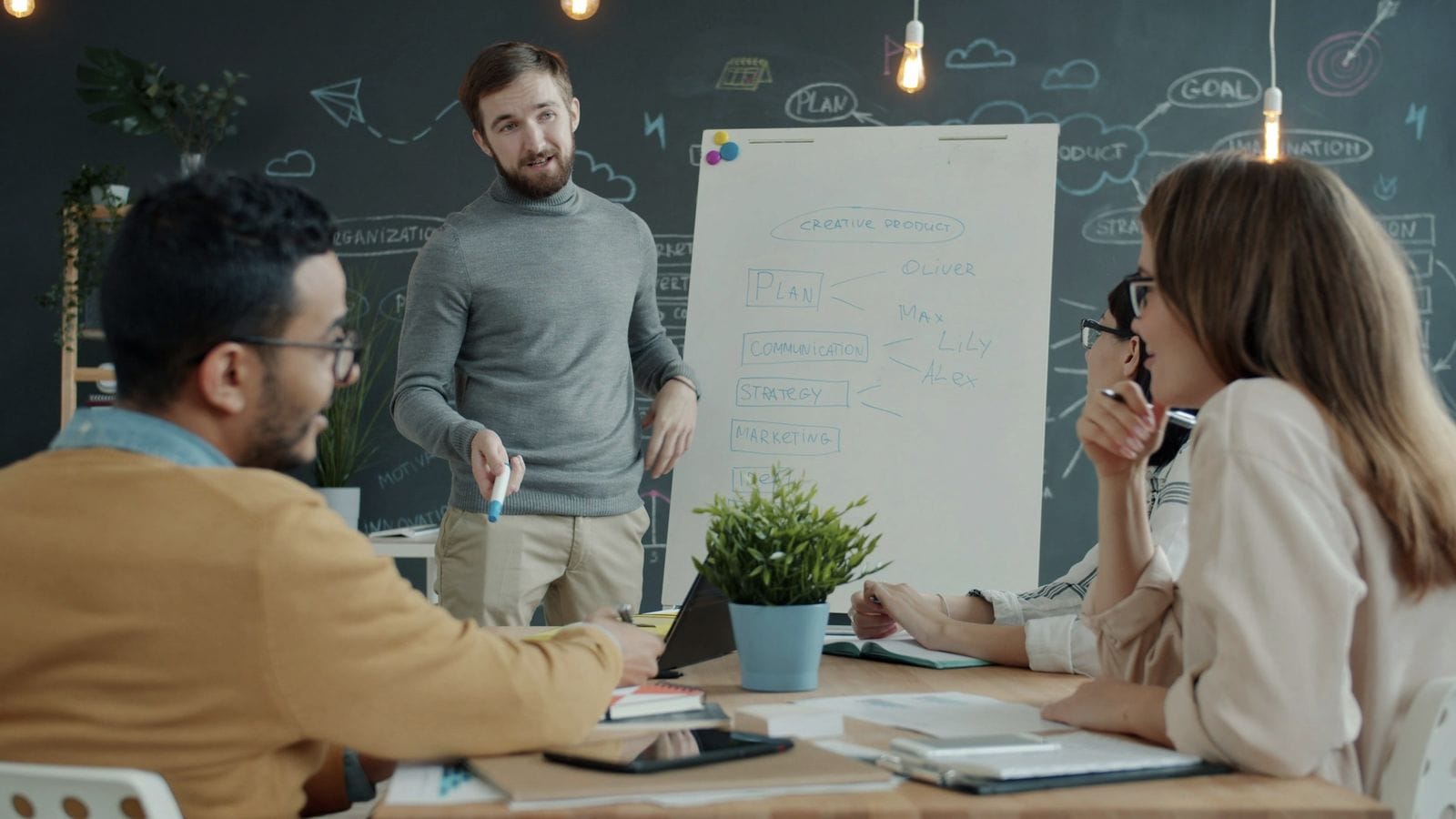 Ein Teamleiter erklärt seinem Team am Whiteboard das Vorgehen